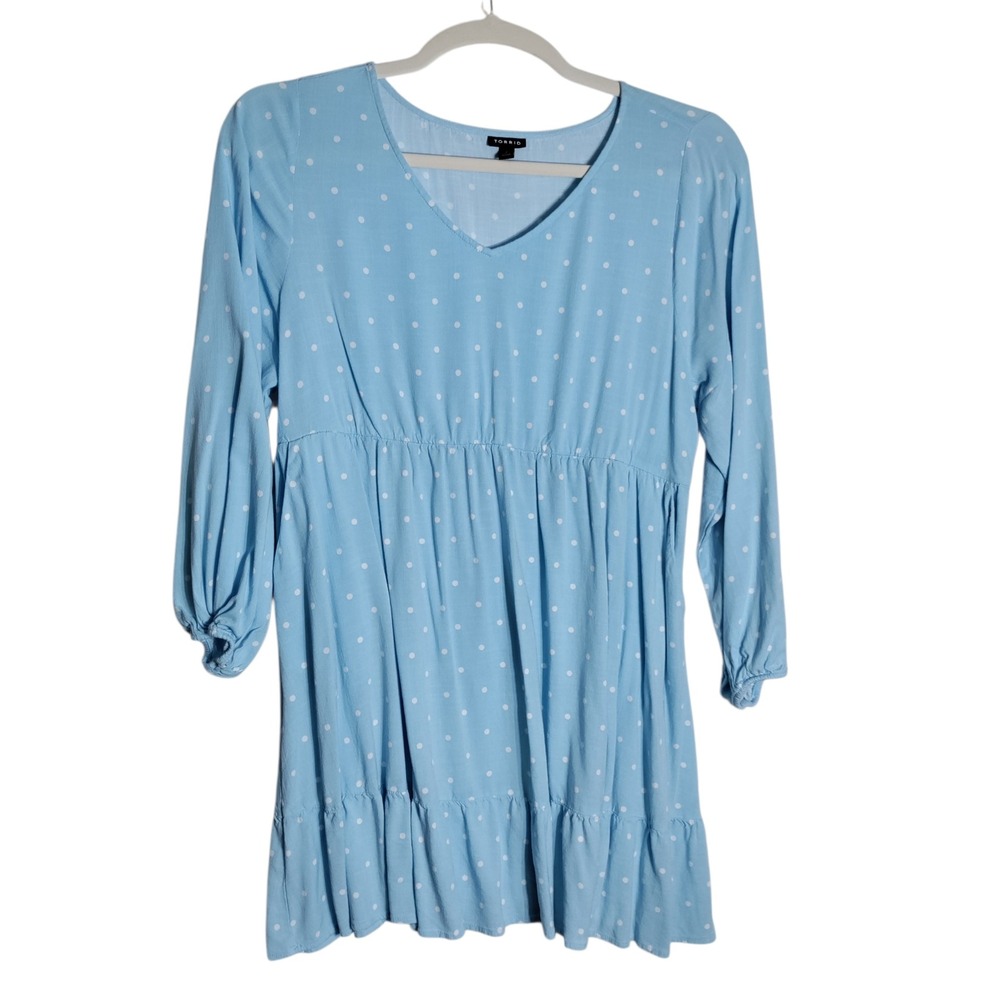 Torrid Blueβ Polka Dot Babydoll Tunic Dress V-Neck Tiered 2X
